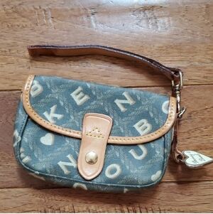Dooney & Bourke Small Monogram Wristlet Pouch in Blue with Tan Trim